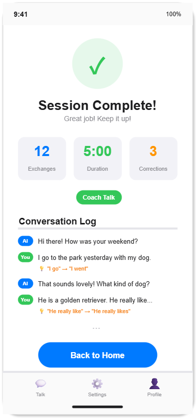 TalkSprint セッション完了 - 会話ログと添削結果